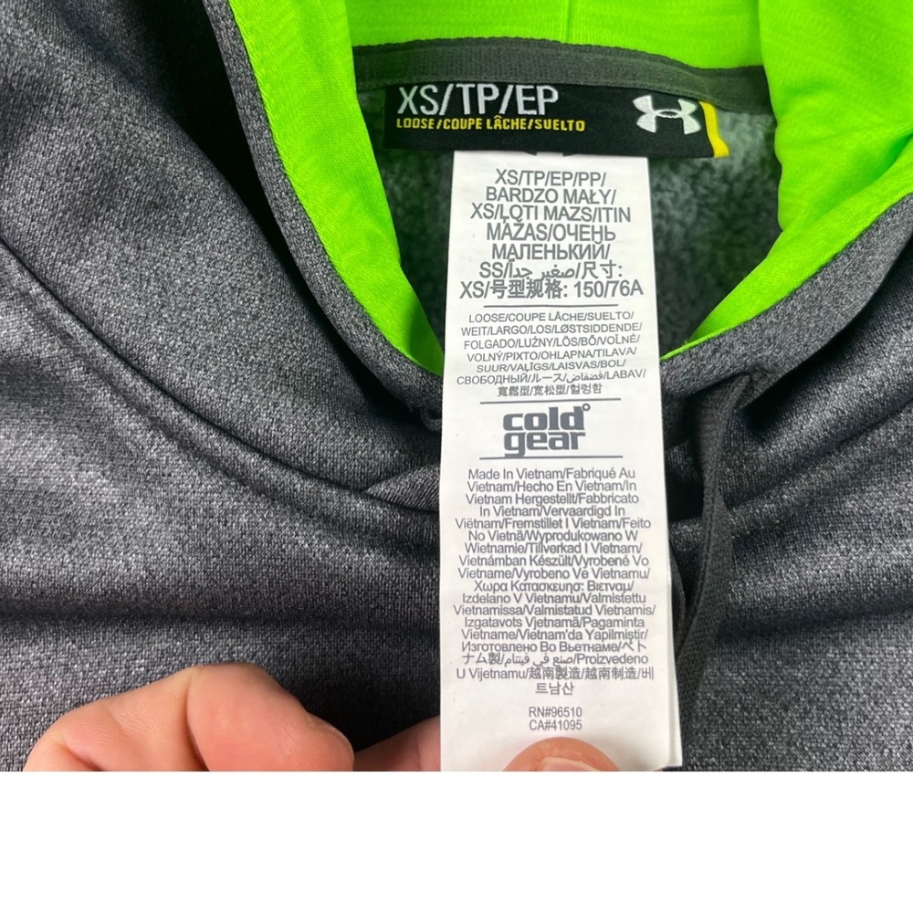 Under Armour ColdGear Hoodie Womens XS Gray Neon Green Logo Loose Fit Sweatshirt - Picture 3 of 7